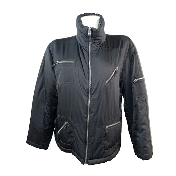 CHICO'S Jacket Size L (2) Black Polyester Puffer Zip Pocket Zippered Coat - Picture 2 of 7